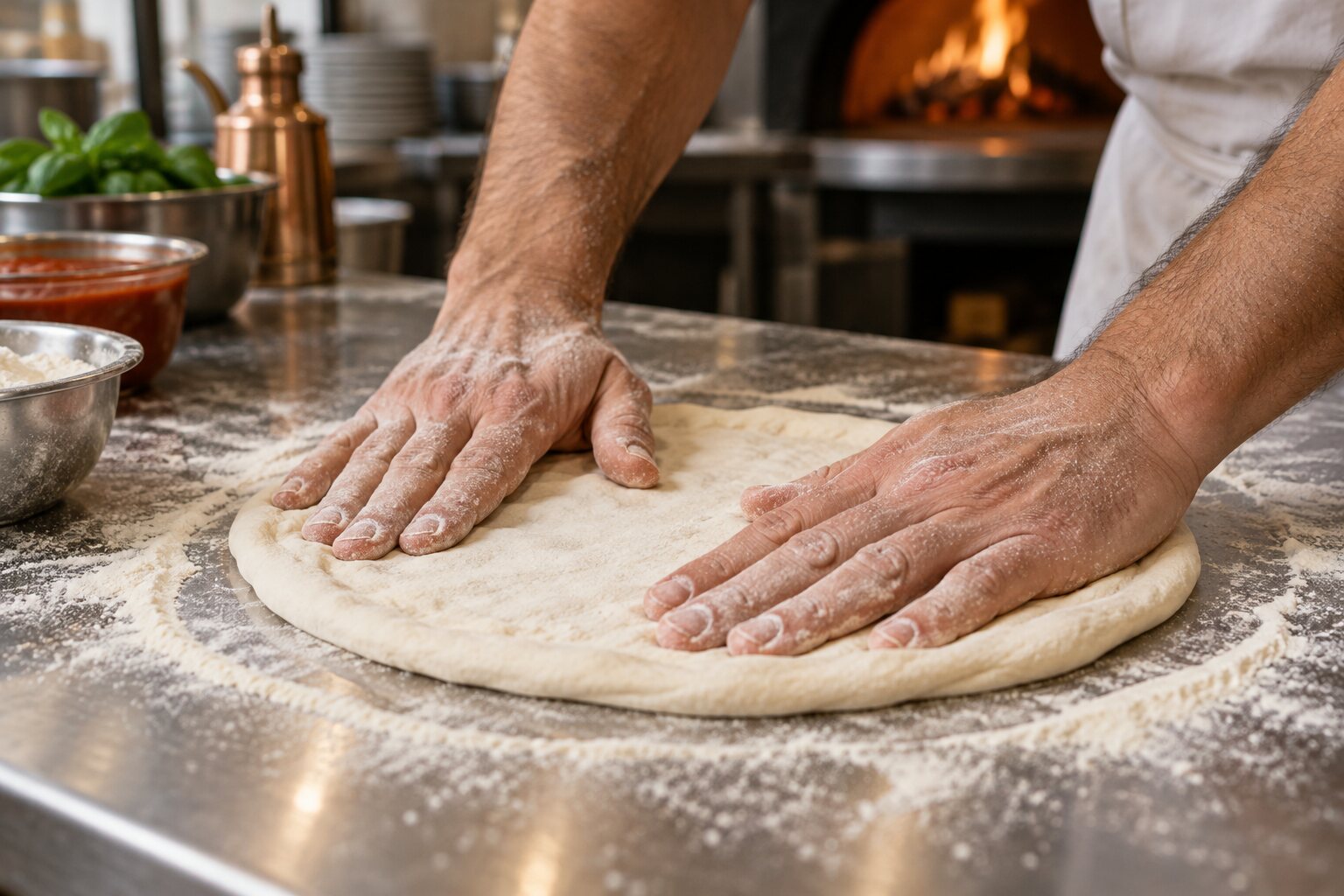 Hands stretching fresh pizza dough on a floured counter