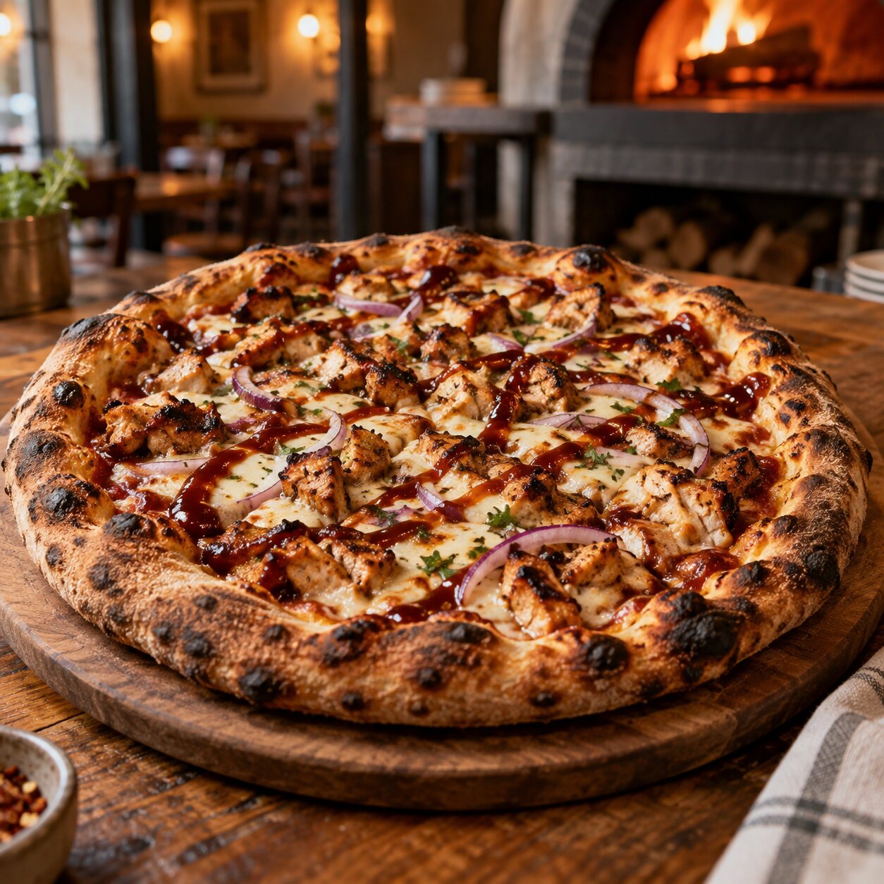 BBQ chicken pizza with red onion and barbecue sauce