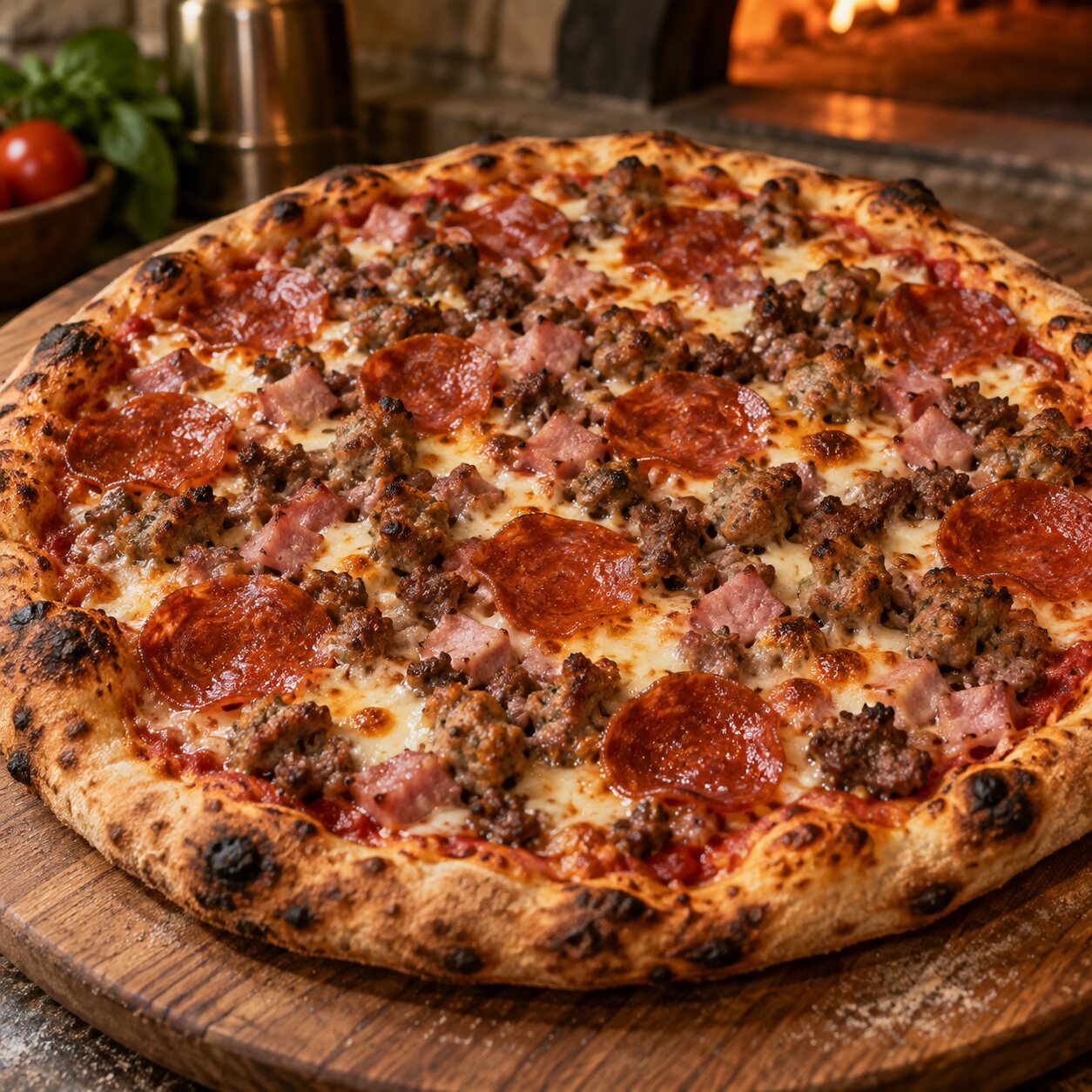 Meat feast pizza with pepperoni, ham, beef and sausage