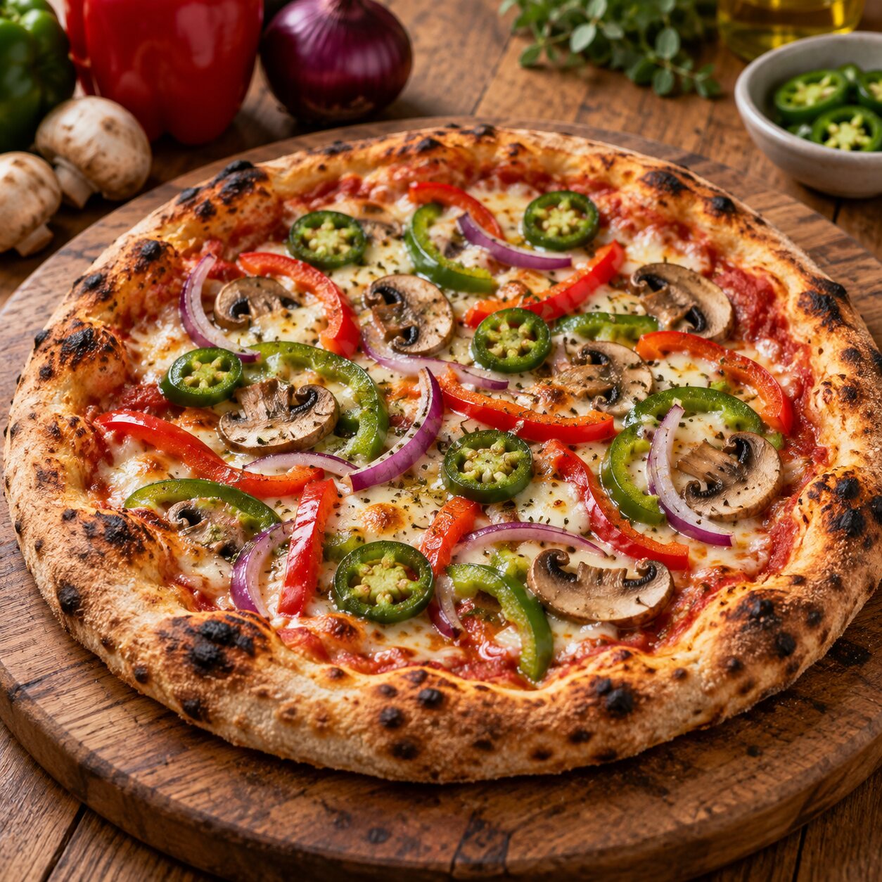 Hot veggie pizza with peppers, mushrooms, onion and jalapenos