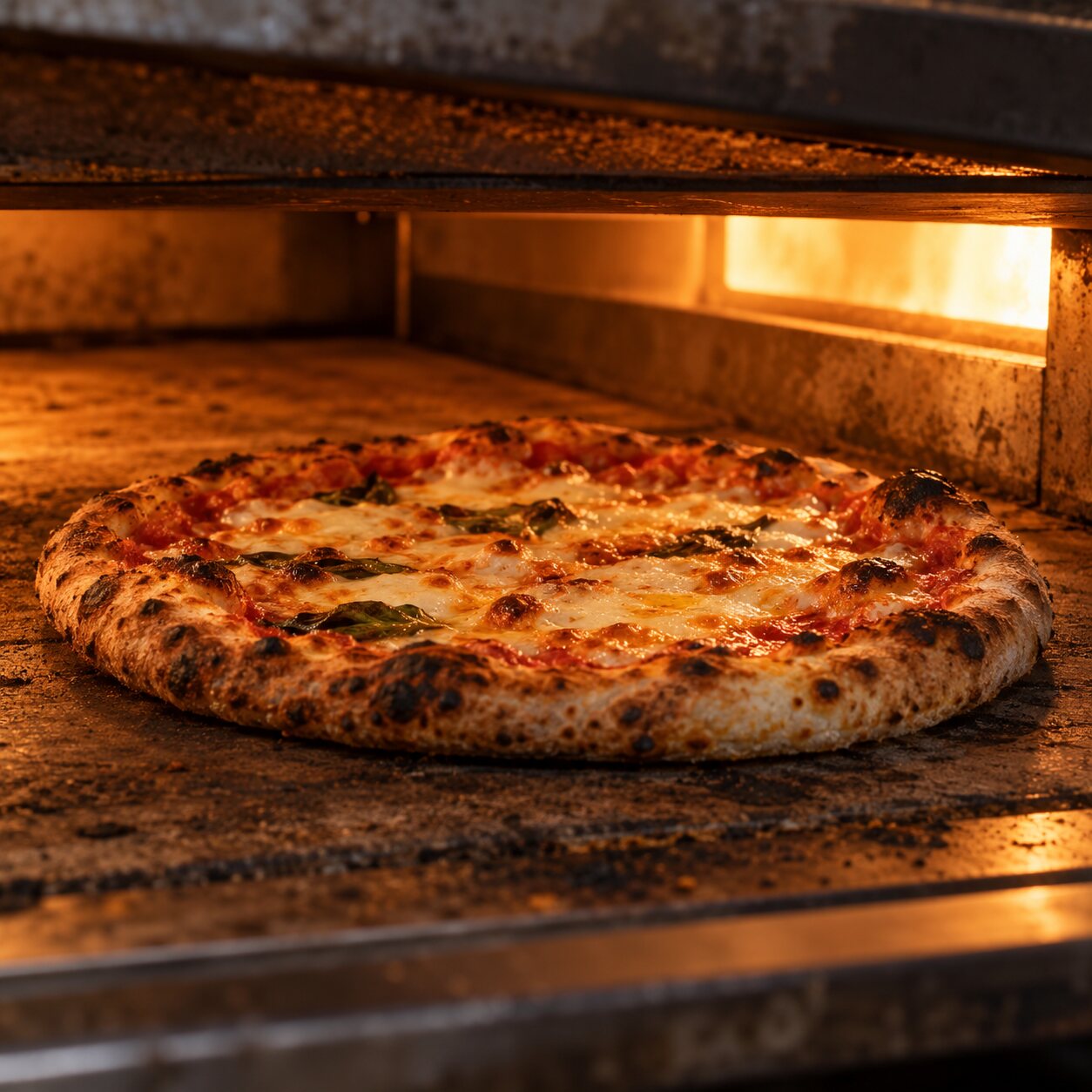 Pizza baking in a hot deck oven