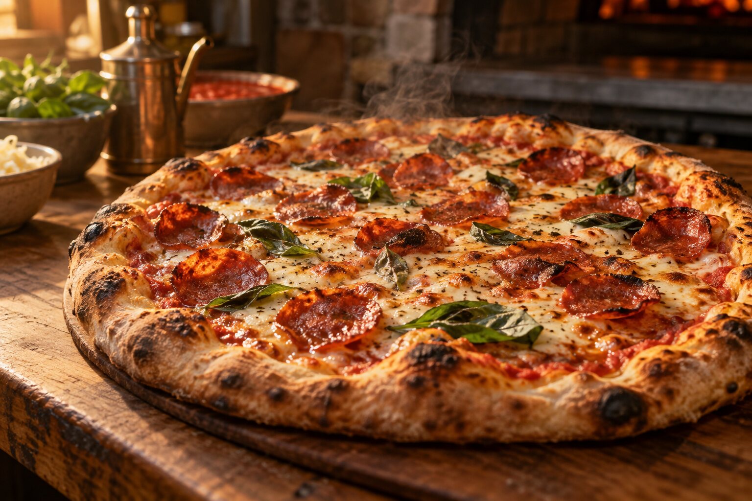 Freshly baked pizza with bubbling cheese, pepperoni and basil straight from the oven