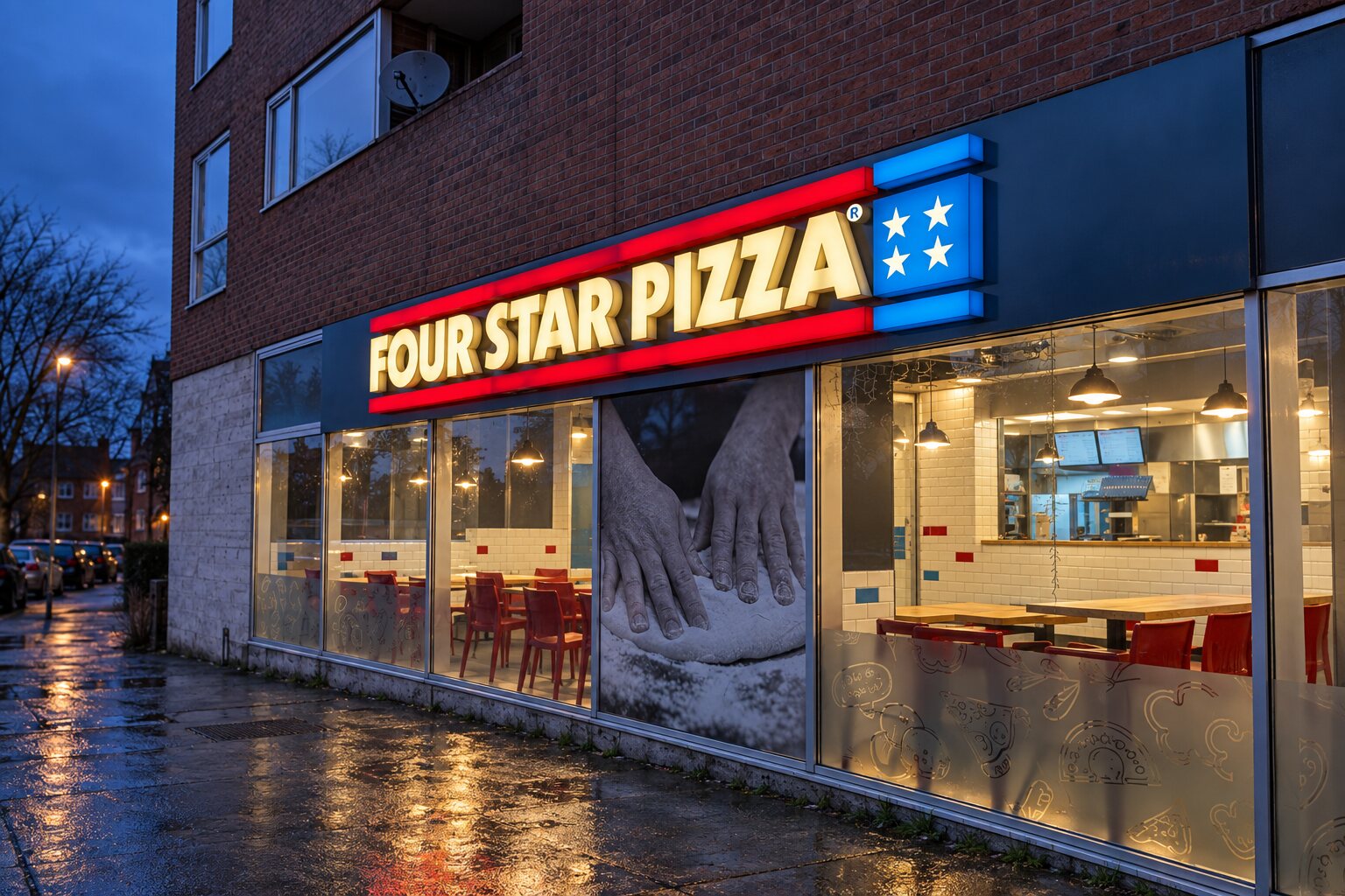 Four Star Pizza Kilmainham storefront on South Circular Road at dusk